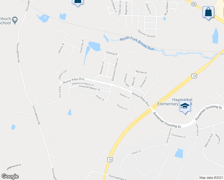 map of restaurants, bars, coffee shops, grocery stores, and more near 6809 Hartzell Hill Lane in Haymarket