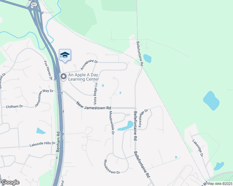 map of restaurants, bars, coffee shops, grocery stores, and more near 12828 Meadowdale Drive in St. Louis