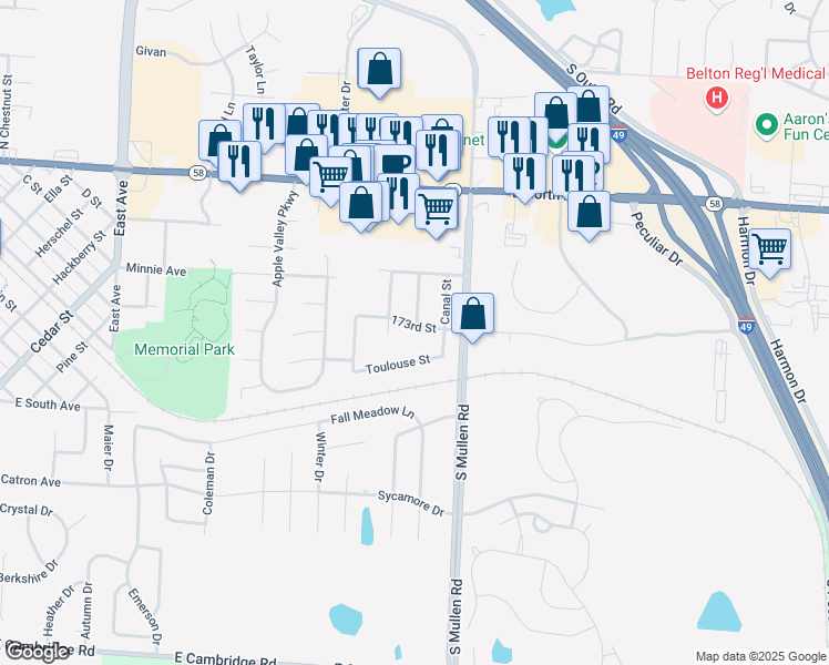 map of restaurants, bars, coffee shops, grocery stores, and more near 1111 173rd Street in Belton