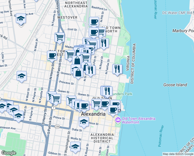map of restaurants, bars, coffee shops, grocery stores, and more near 405 Oronoco Street in Alexandria