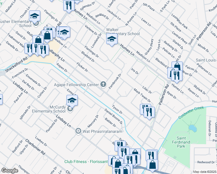 map of restaurants, bars, coffee shops, grocery stores, and more near 1655 Fernbrook Drive in Florissant