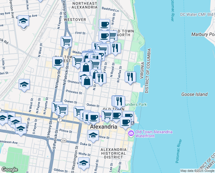 map of restaurants, bars, coffee shops, grocery stores, and more near 407 Oronoco Street in Alexandria