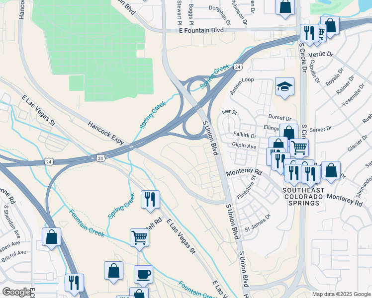 map of restaurants, bars, coffee shops, grocery stores, and more near 1473 Grand Overlook Street in Colorado Springs