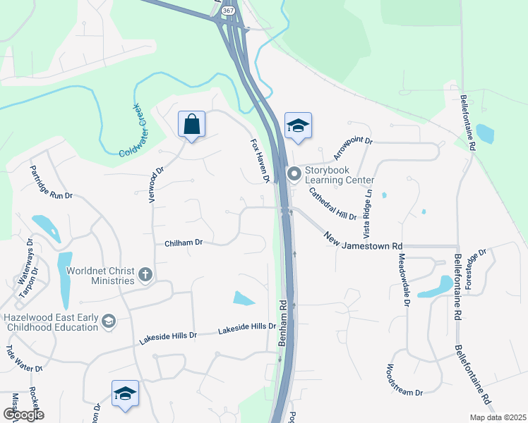 map of restaurants, bars, coffee shops, grocery stores, and more near 6956 Jamestown Way Drive in Florissant