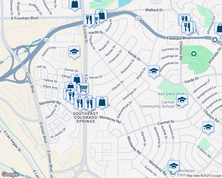 map of restaurants, bars, coffee shops, grocery stores, and more near 1626 Glacier Drive in Colorado Springs