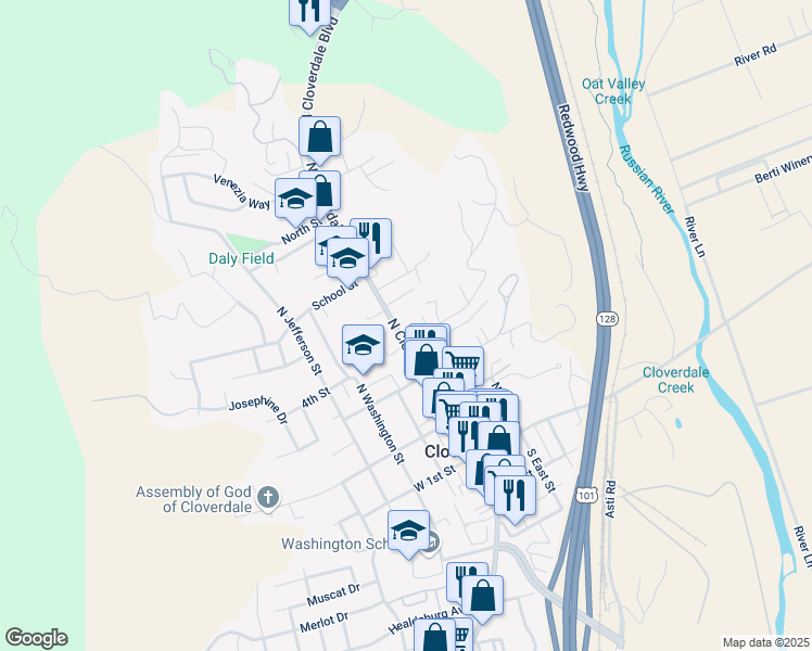 map of restaurants, bars, coffee shops, grocery stores, and more near 416 North Cloverdale Boulevard in Cloverdale