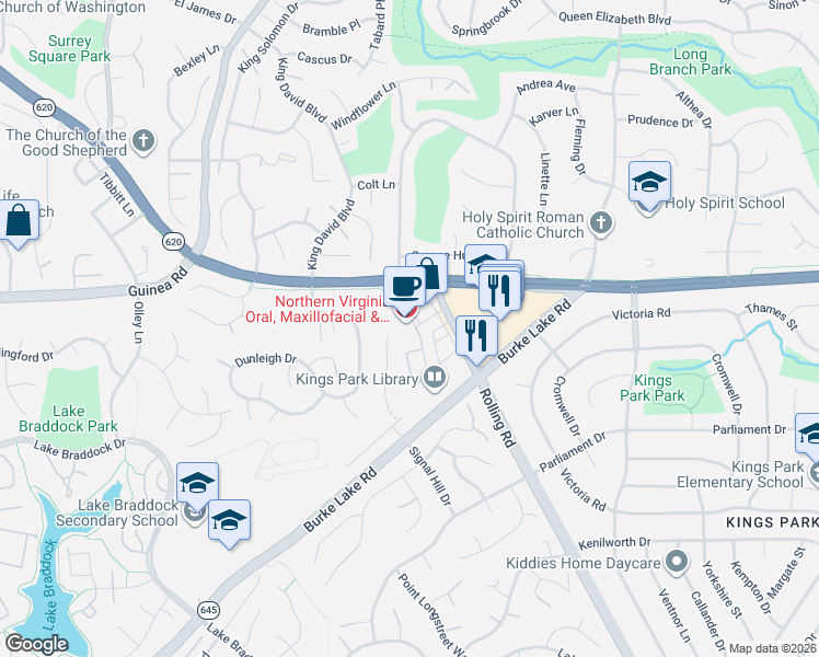 map of restaurants, bars, coffee shops, grocery stores, and more near 5210 Lyngate Court in Burke