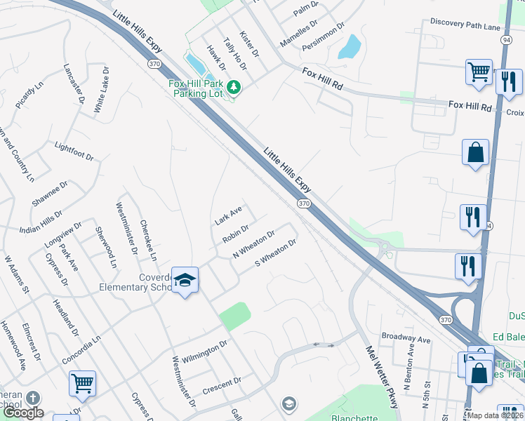 map of restaurants, bars, coffee shops, grocery stores, and more near 34 Wren Avenue in Saint Charles