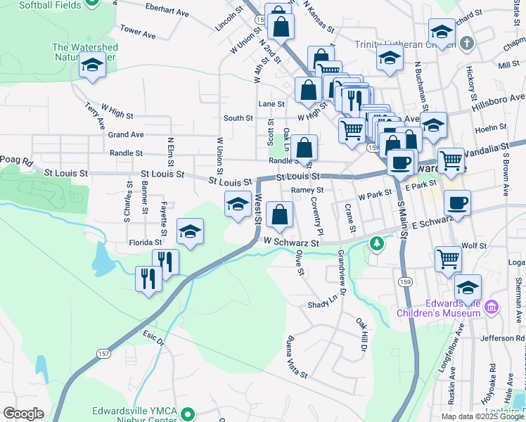 map of restaurants, bars, coffee shops, grocery stores, and more near 140 State 157 in Edwardsville
