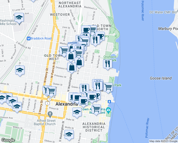 map of restaurants, bars, coffee shops, grocery stores, and more near 407 Oronoco Street in Alexandria