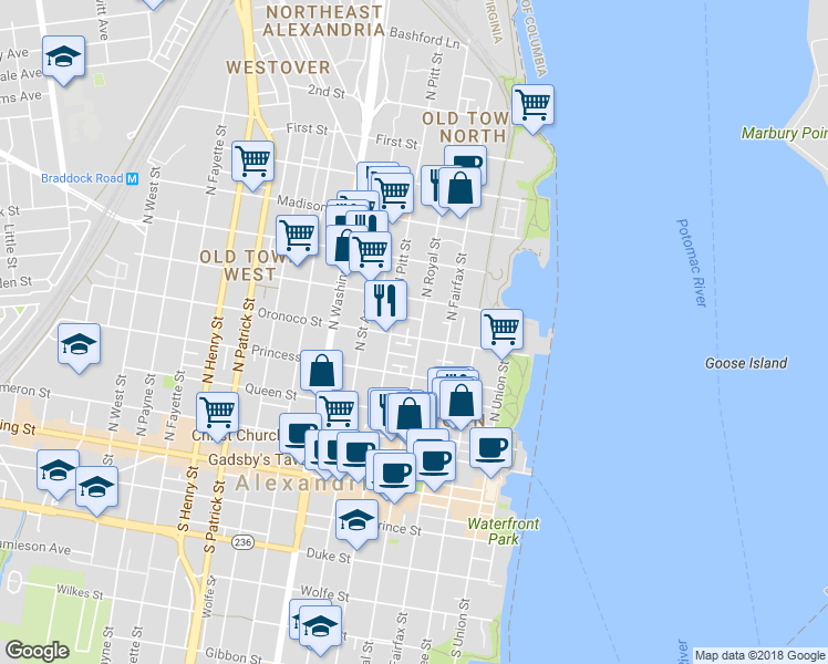 map of restaurants, bars, coffee shops, grocery stores, and more near 405 Oronoco Street in Alexandria
