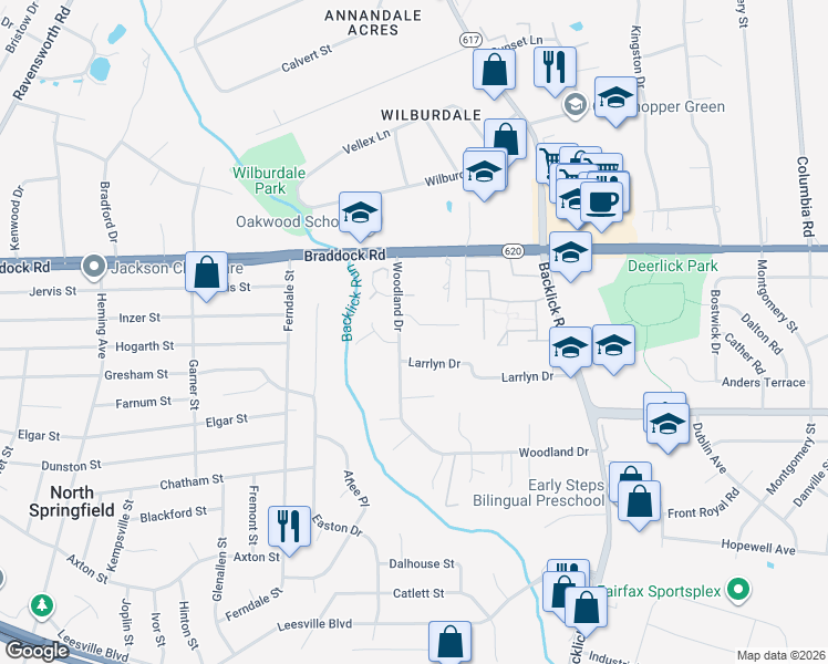 map of restaurants, bars, coffee shops, grocery stores, and more near 7111 Granberry Way in Springfield