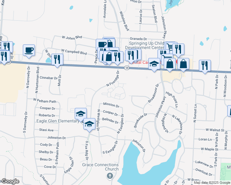 map of restaurants, bars, coffee shops, grocery stores, and more near 311 North Fox Ridge Drive in Raymore