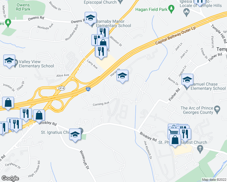 map of restaurants, bars, coffee shops, grocery stores, and more near 5732 Everhart Place in Fort Washington