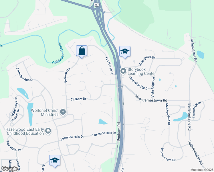 map of restaurants, bars, coffee shops, grocery stores, and more near 6956 Jamestown Way Drive in Florissant