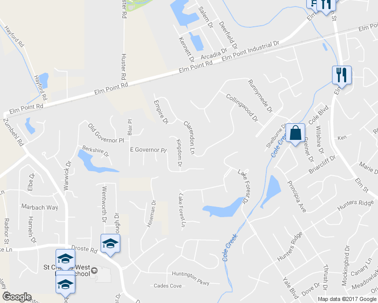 map of restaurants, bars, coffee shops, grocery stores, and more near 364 Clarendon Lane in Saint Charles