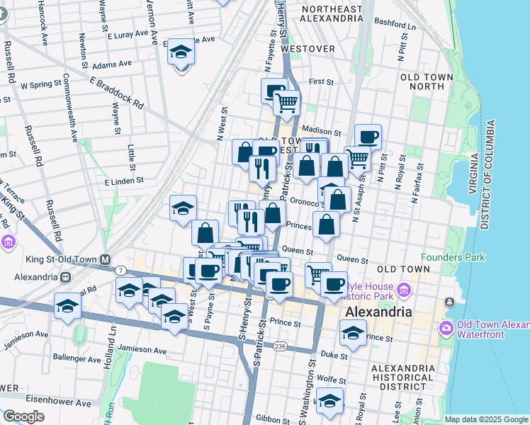 map of restaurants, bars, coffee shops, grocery stores, and more near 407 South Henry Street in Alexandria