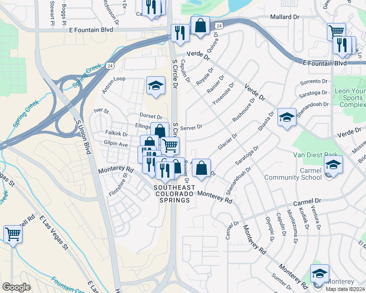 map of restaurants, bars, coffee shops, grocery stores, and more near 1522 Rainier Drive in Colorado Springs