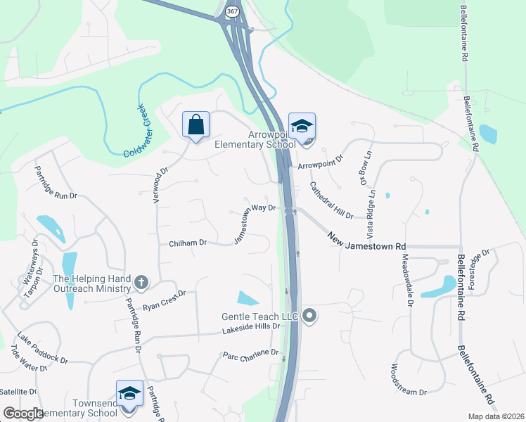 map of restaurants, bars, coffee shops, grocery stores, and more near 6950 Jamestown Way Drive in Florissant