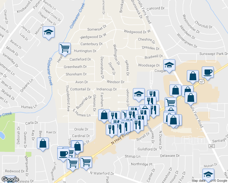 map of restaurants, bars, coffee shops, grocery stores, and more near 2440 Indiancup Drive in Florissant