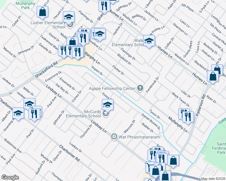 map of restaurants, bars, coffee shops, grocery stores, and more near 1295 Boulder Drive in Florissant