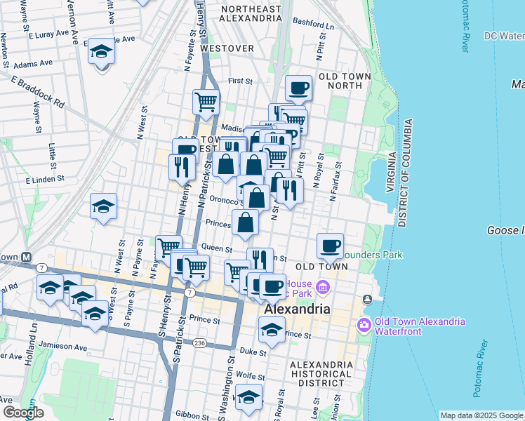 map of restaurants, bars, coffee shops, grocery stores, and more near 614 Oronoco Street in Alexandria