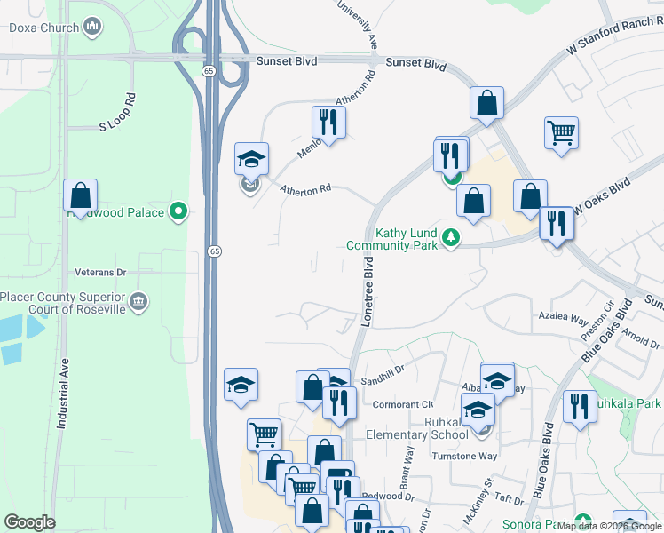map of restaurants, bars, coffee shops, grocery stores, and more near 6201 West Oaks Boulevard in Rocklin