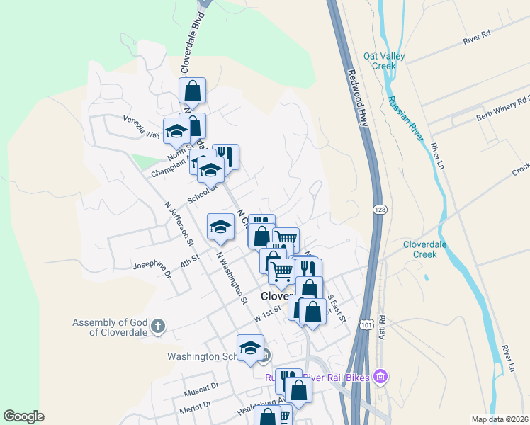 map of restaurants, bars, coffee shops, grocery stores, and more near 326 North Main Street in Cloverdale
