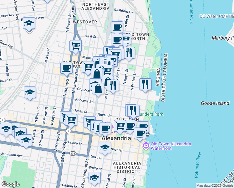 map of restaurants, bars, coffee shops, grocery stores, and more near 421 Oronoco Street in Alexandria