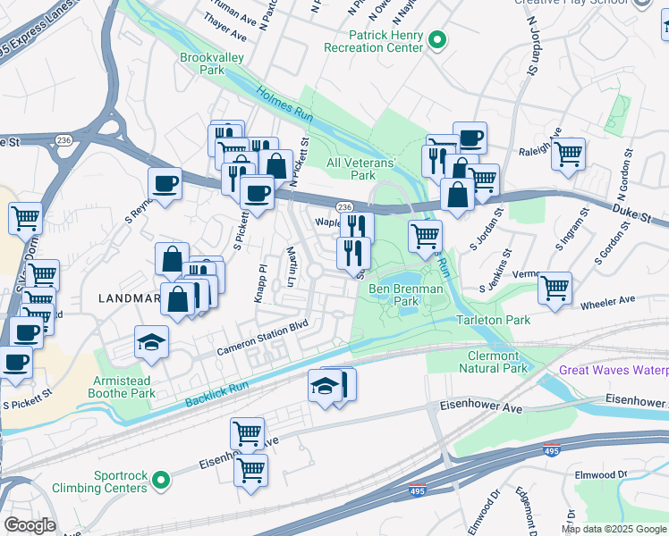 map of restaurants, bars, coffee shops, grocery stores, and more near 4951 Brenman Park Drive in Alexandria