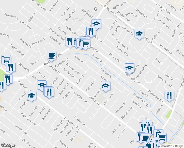 map of restaurants, bars, coffee shops, grocery stores, and more near 24 Olvera Circle in Florissant
