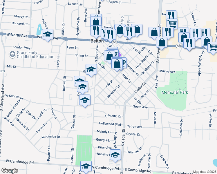 map of restaurants, bars, coffee shops, grocery stores, and more near 502 3rd St in Belton