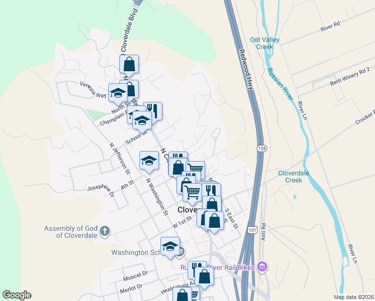 map of restaurants, bars, coffee shops, grocery stores, and more near 326 North Main Street in Cloverdale
