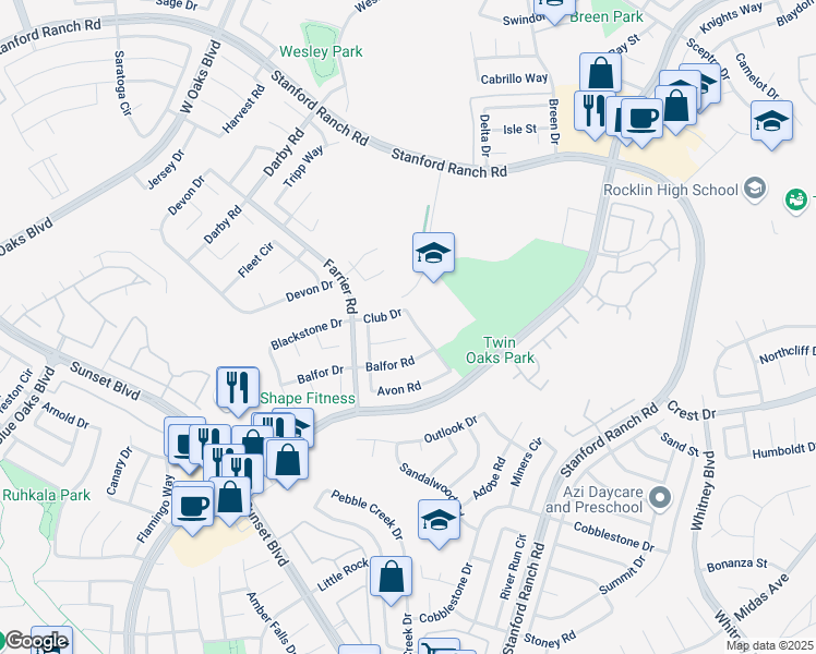 map of restaurants, bars, coffee shops, grocery stores, and more near 2824 Club Drive in Rocklin