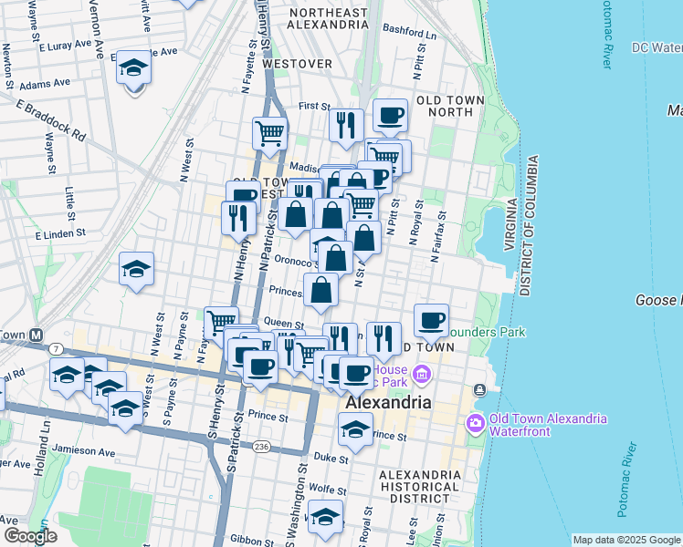 map of restaurants, bars, coffee shops, grocery stores, and more near 614 Oronoco Street in Alexandria