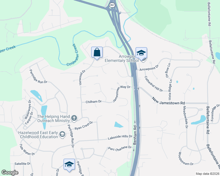 map of restaurants, bars, coffee shops, grocery stores, and more near 6913 Glenvale Court in Florissant