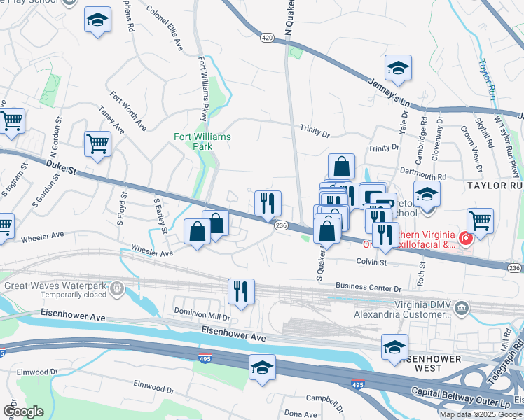 map of restaurants, bars, coffee shops, grocery stores, and more near 3513 Goddard Way in Alexandria