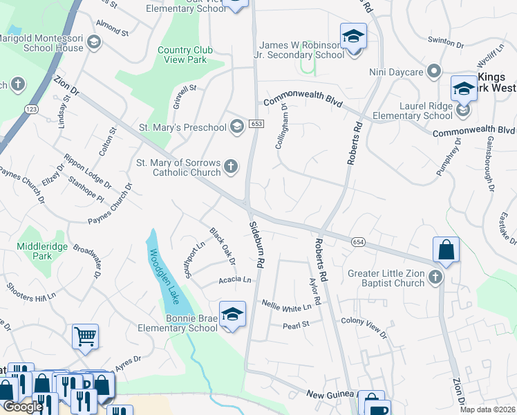 map of restaurants, bars, coffee shops, grocery stores, and more near 10500 Sideburn Court in Fairfax