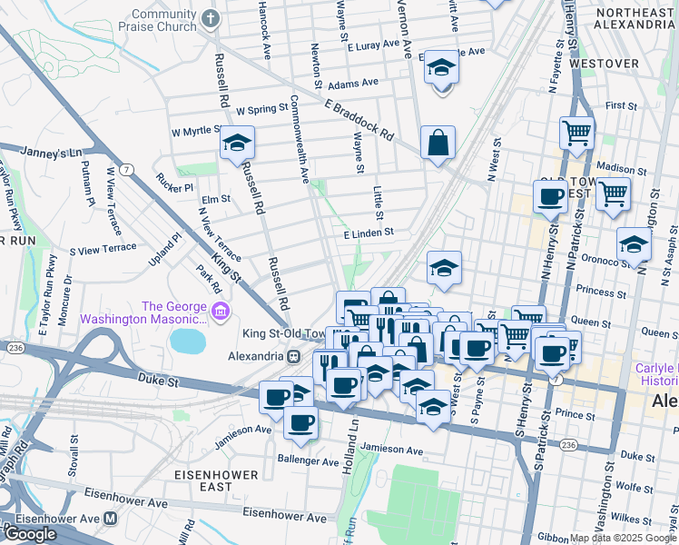 map of restaurants, bars, coffee shops, grocery stores, and more near 111 Commonwealth Avenue in Alexandria