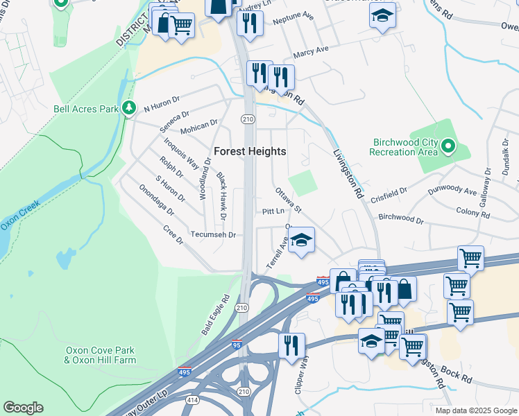 map of restaurants, bars, coffee shops, grocery stores, and more near 5808 Arapahoe Drive in Oxon Hill