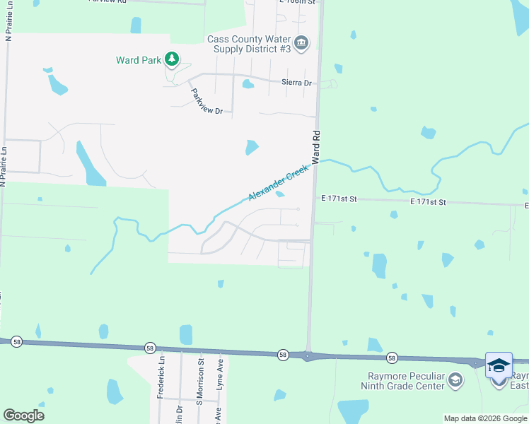 map of restaurants, bars, coffee shops, grocery stores, and more near 2208 Alexander Creek Drive in Raymore