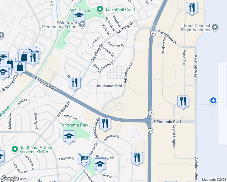 map of restaurants, bars, coffee shops, grocery stores, and more near 4990 Beechvale Drive in Colorado Springs