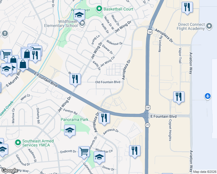 map of restaurants, bars, coffee shops, grocery stores, and more near 4990 Beechvale Dr in Colorado Springs