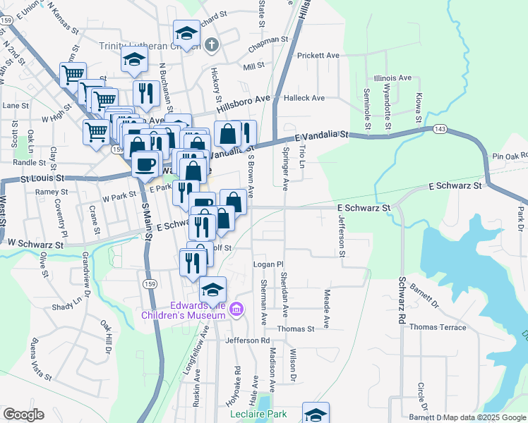 map of restaurants, bars, coffee shops, grocery stores, and more near 516 East Schwarz Street in Edwardsville