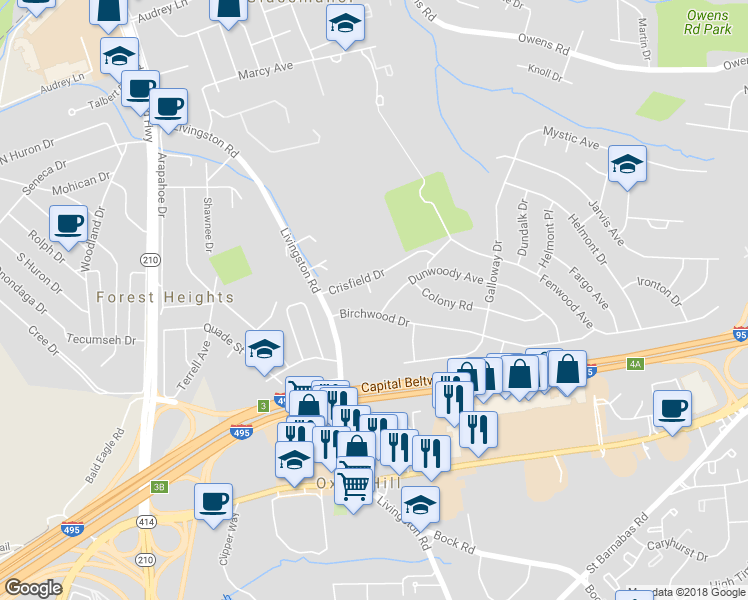 map of restaurants, bars, coffee shops, grocery stores, and more near 5806 Crisfield Ct in Oxon Hill
