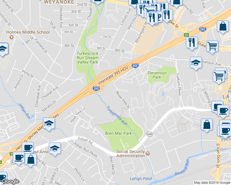 map of restaurants, bars, coffee shops, grocery stores, and more near 5240 Winter View Drive in Alexandria