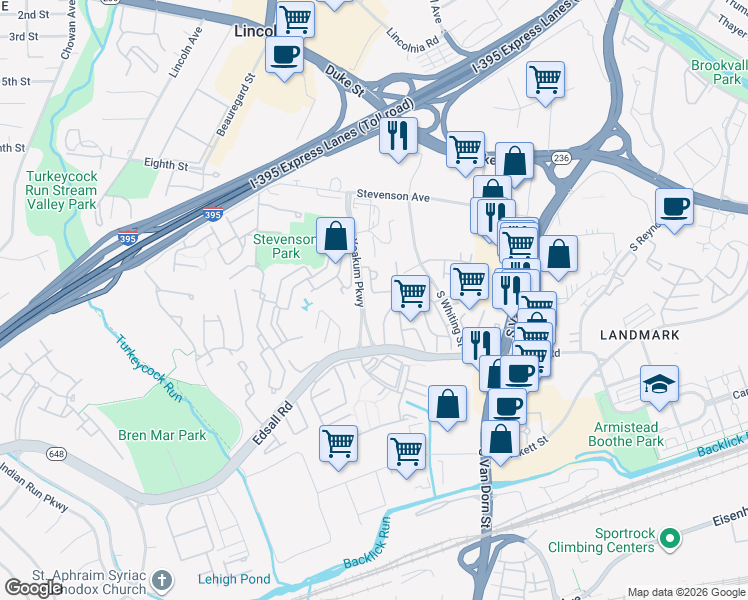 map of restaurants, bars, coffee shops, grocery stores, and more near 350 Yoakum Pkwy in Alexandria
