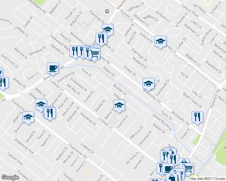 map of restaurants, bars, coffee shops, grocery stores, and more near 1355 Estes Drive in Florissant