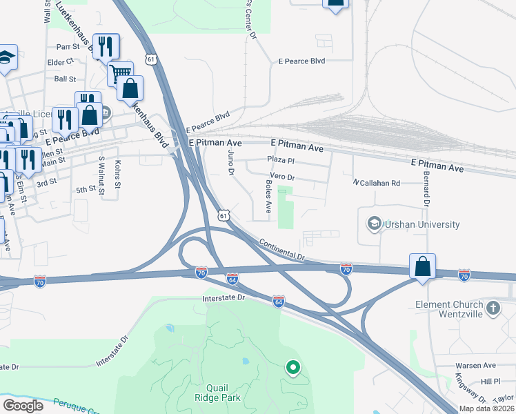 map of restaurants, bars, coffee shops, grocery stores, and more near 38 Juno Drive in Wentzville