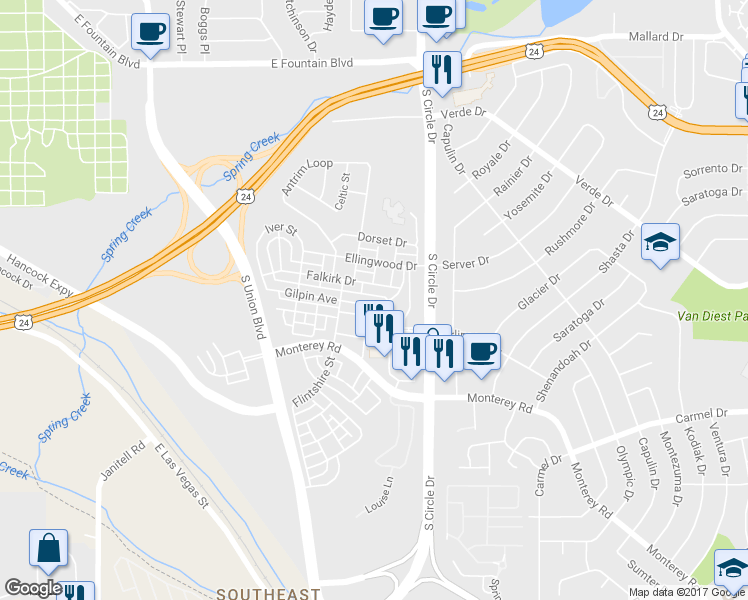map of restaurants, bars, coffee shops, grocery stores, and more near 2536 Gilpin Avenue in Colorado Springs